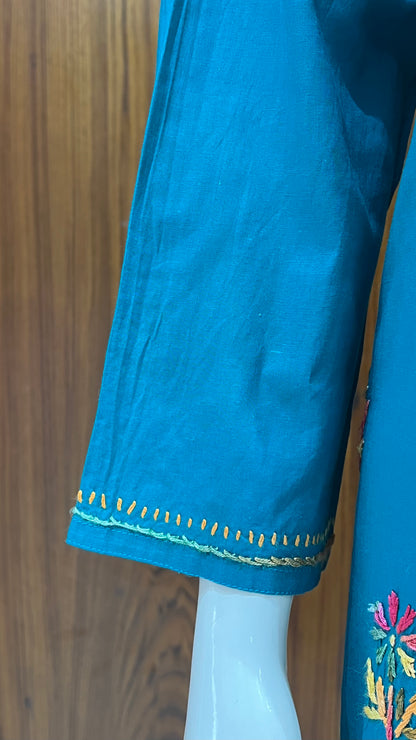 Teal Green Multicolor Thread Embroidered Kurta