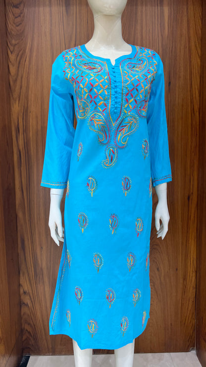 Bright Blue Paisley Motif Embroidered Kurta