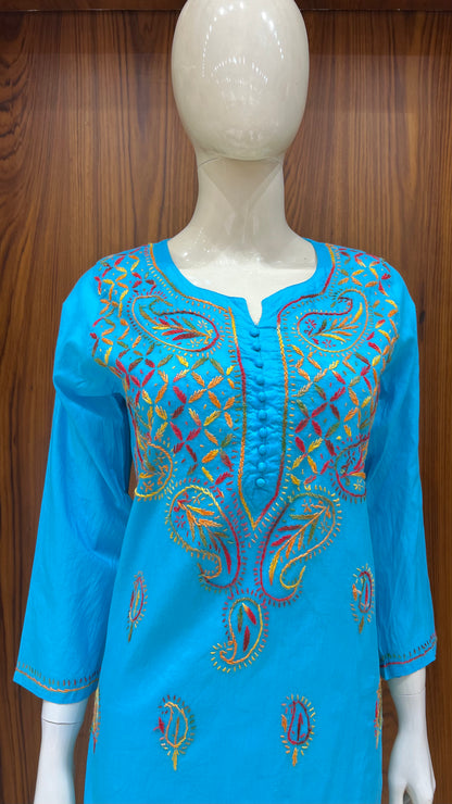 Bright Blue Paisley Motif Embroidered Kurta