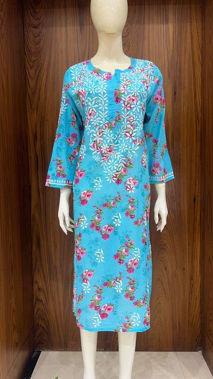 Sky Blue Floral Print Kurta with White Thread Work