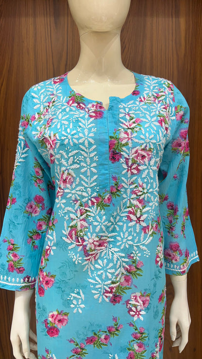 Sky Blue Floral Print Kurta with White Thread Work