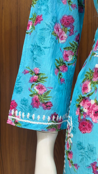 Sky Blue Floral Print Kurta with White Thread Work