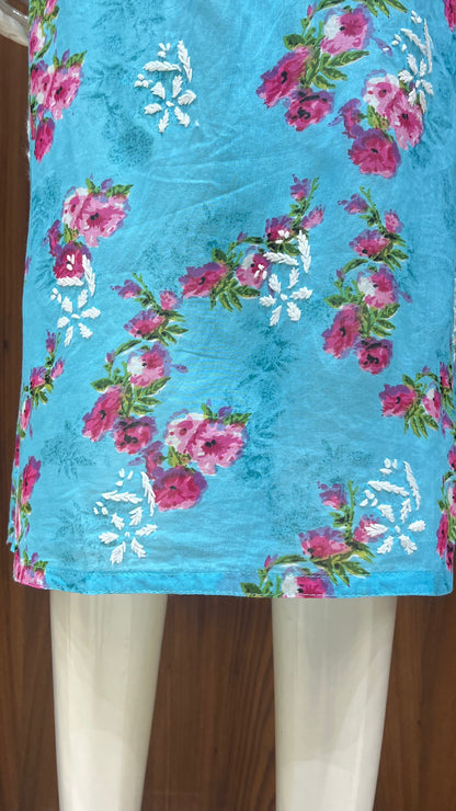 Sky Blue Floral Print Kurta with White Thread Work