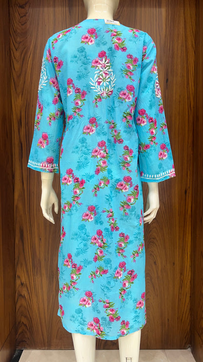 Sky Blue Floral Print Kurta with White Thread Work