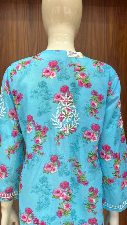 Sky Blue Floral Print Kurta with White Thread Work