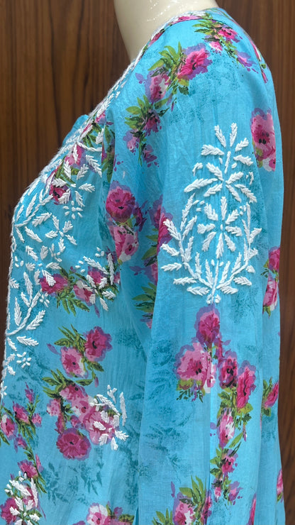 Sky Blue Floral Print Kurta with White Thread Work