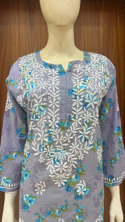 Grey Floral Print Kurta with White Thread Embroidery
