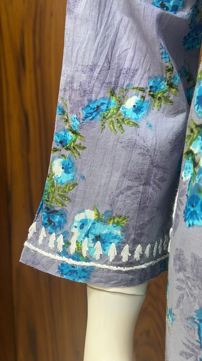 Grey Floral Print Kurta with White Thread Embroidery