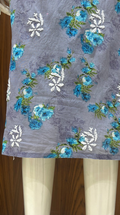 Grey Floral Print Kurta with White Thread Embroidery