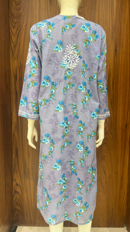 Grey Floral Print Kurta with White Thread Embroidery