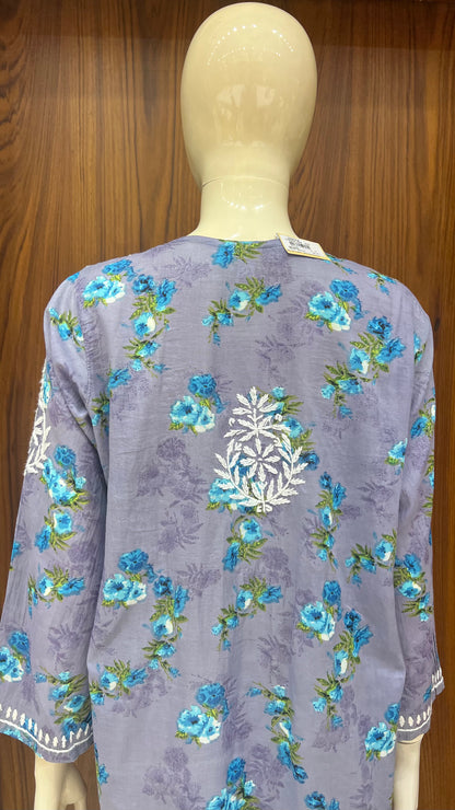 Grey Floral Print Kurta with White Thread Embroidery
