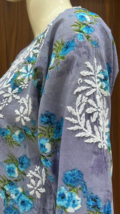 Grey Floral Print Kurta with White Thread Embroidery