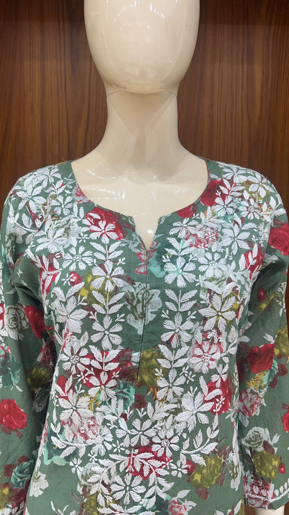 Olive Green Floral Print Kurta with White Embroidered Yoke