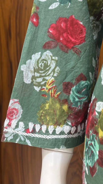 Olive Green Floral Print Kurta with White Embroidered Yoke