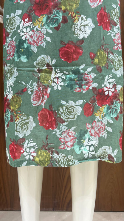 Olive Green Floral Print Kurta with White Embroidered Yoke