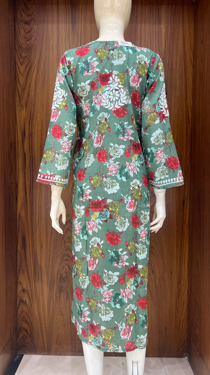 Olive Green Floral Print Kurta with White Embroidered Yoke
