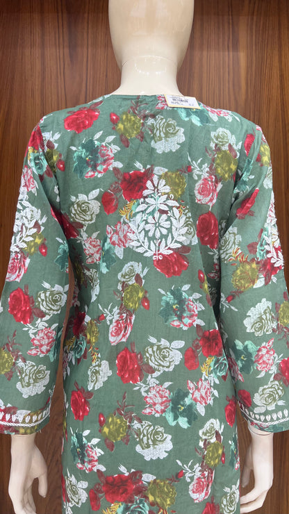 Olive Green Floral Print Kurta with White Embroidered Yoke