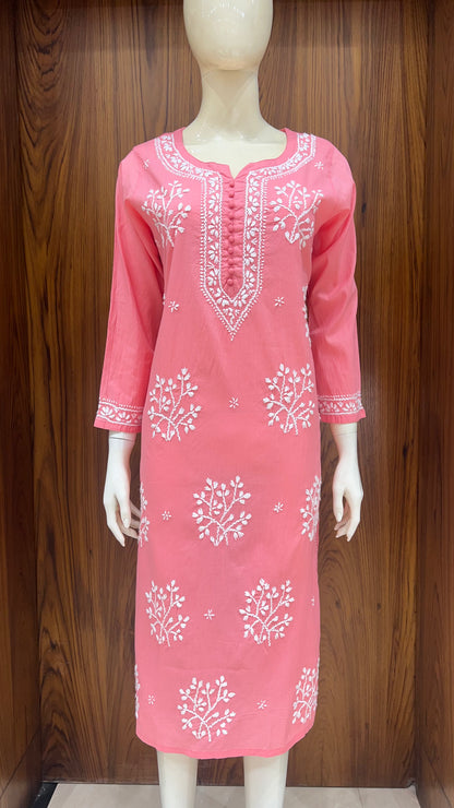 Peach Pink Kurta with Elegant White Thread Embroidery