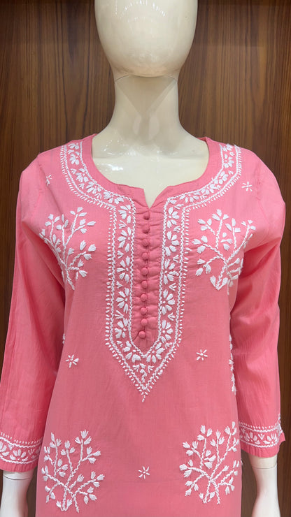 Peach Pink Kurta with Elegant White Thread Embroidery