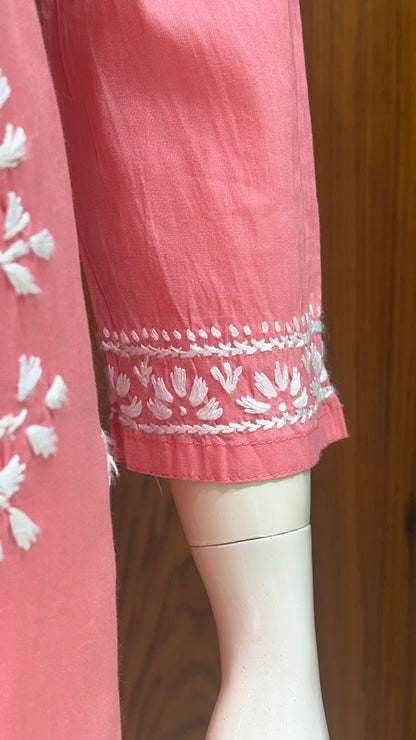 Peach Pink Kurta with Elegant White Thread Embroidery
