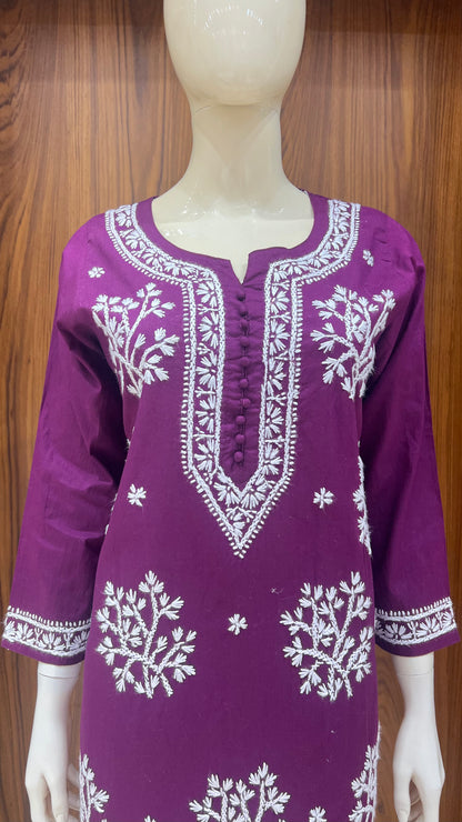 Royal Purple Kurta with Intricate White Floral Embroidery