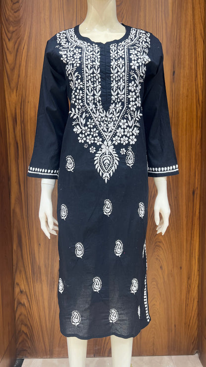 "Classic Noir" - Hand-Embroidered Black Chikankari Kurti