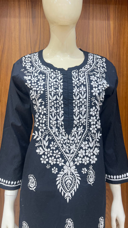 "Classic Noir" - Hand-Embroidered Black Chikankari Kurti