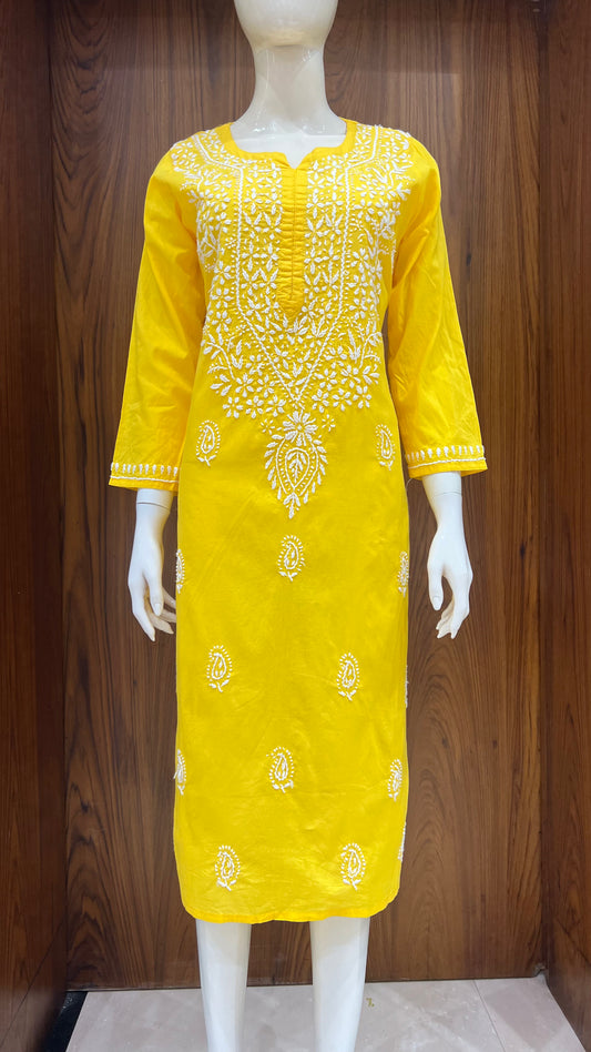"Marigold Glow" - Hand-Embroidered Yellow Chikankari Kurti