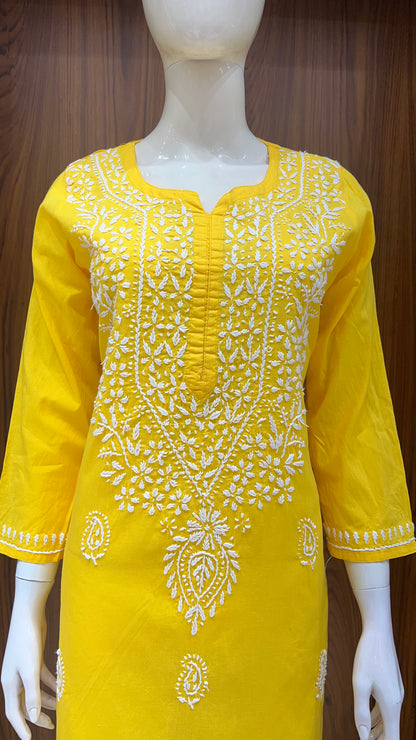 "Marigold Glow" - Hand-Embroidered Yellow Chikankari Kurti
