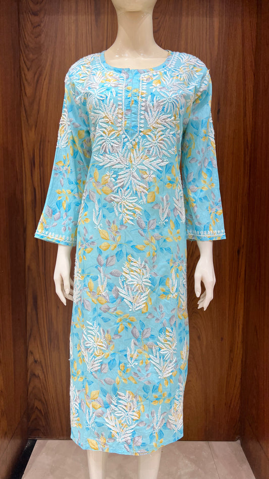 Vibrant Turquoise Floral Kurti with Exquisite Yoke Embroidery