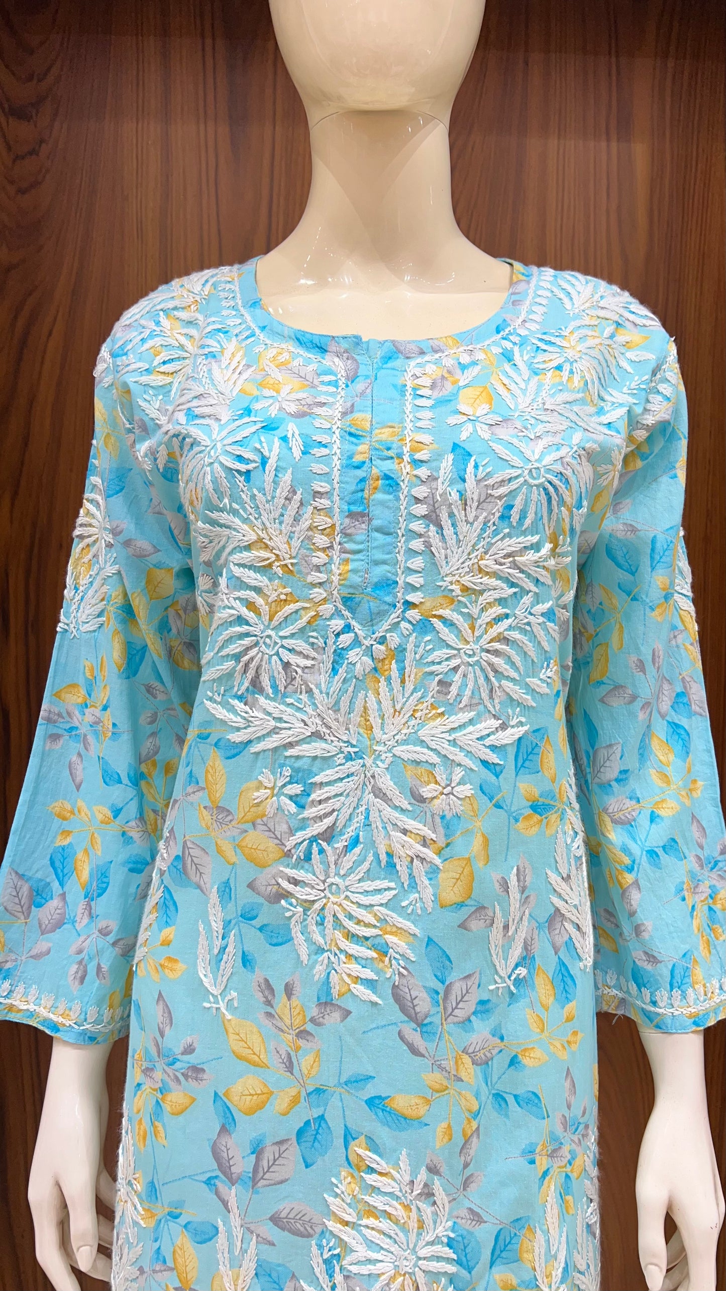 Vibrant Turquoise Floral Kurti with Exquisite Yoke Embroidery