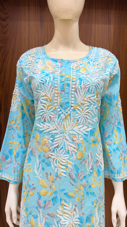 Vibrant Turquoise Floral Kurti with Exquisite Yoke Embroidery