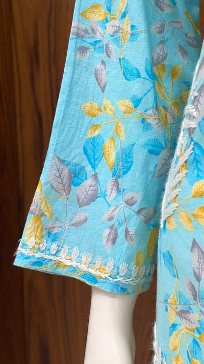 Vibrant Turquoise Floral Kurti with Exquisite Yoke Embroidery