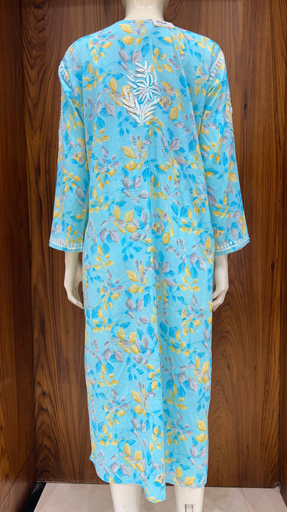 Vibrant Turquoise Floral Kurti with Exquisite Yoke Embroidery