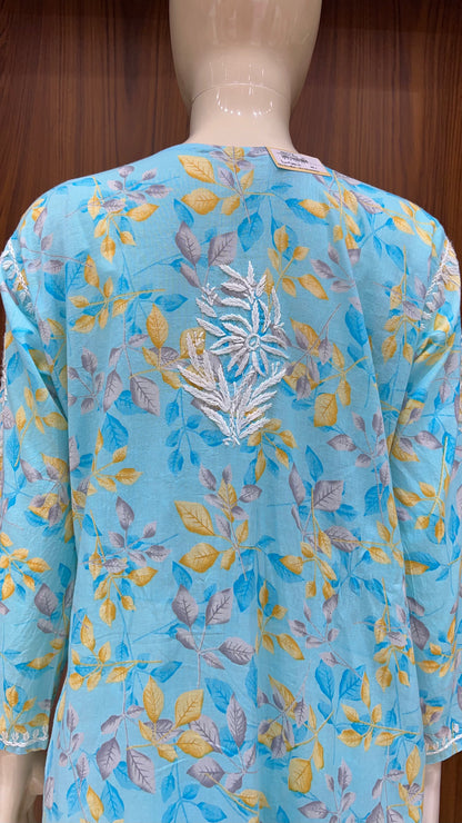 Vibrant Turquoise Floral Kurti with Exquisite Yoke Embroidery