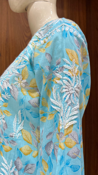 Vibrant Turquoise Floral Kurti with Exquisite Yoke Embroidery