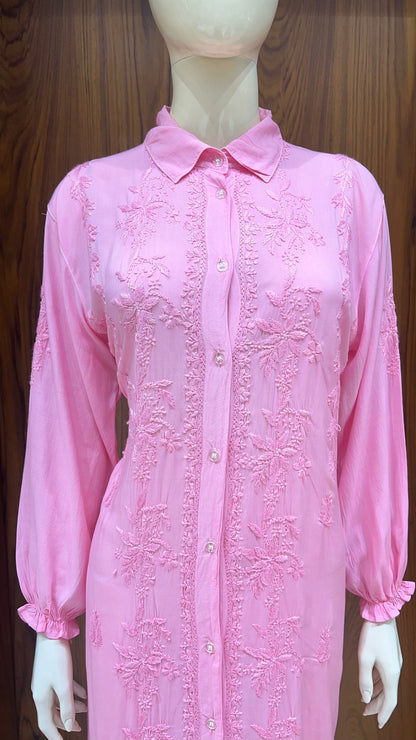 Baby Pink Shirt-Style Embroidered Kurta