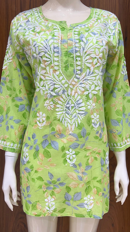 Fresh Green Leaf-Printed Kurti with Embroidered Yoke and 3/4th Sleeves