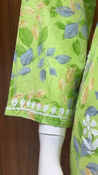 Fresh Green Leaf-Printed Kurti with Embroidered Yoke and 3/4th Sleeves