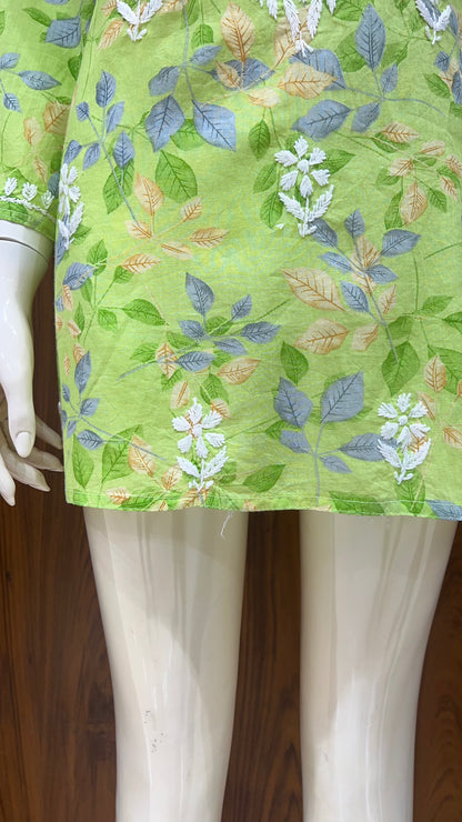 Fresh Green Leaf-Printed Kurti with Embroidered Yoke and 3/4th Sleeves