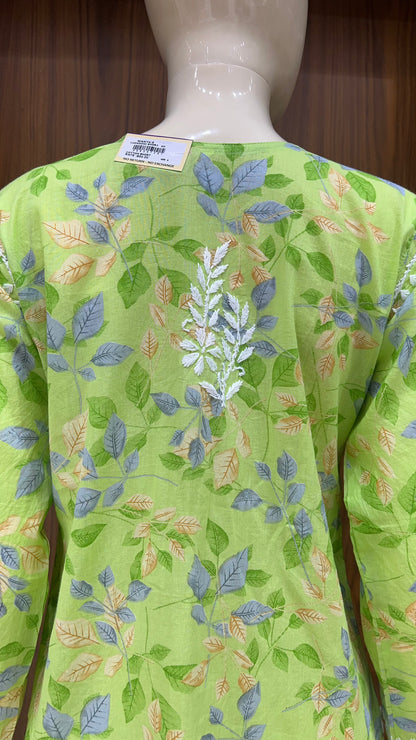 Fresh Green Leaf-Printed Kurti with Embroidered Yoke and 3/4th Sleeves