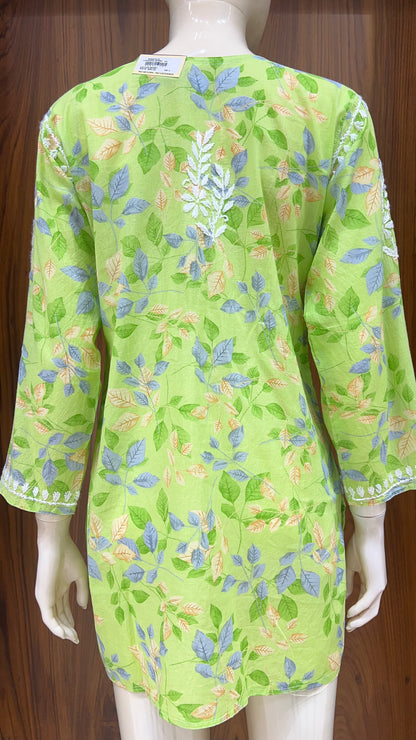 Fresh Green Leaf-Printed Kurti with Embroidered Yoke and 3/4th Sleeves