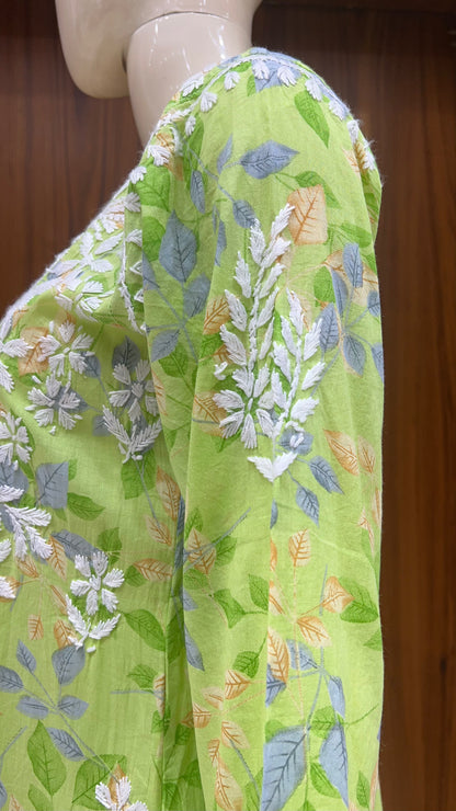 Fresh Green Leaf-Printed Kurti with Embroidered Yoke and 3/4th Sleeves