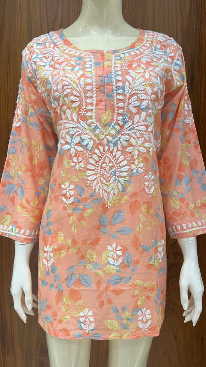 Peach Multi-Color Floral Printed Kurti with Embroidered Yoke and 3/4th Sleeves