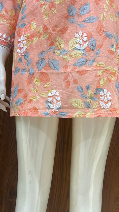 Peach Multi-Color Floral Printed Kurti with Embroidered Yoke and 3/4th Sleeves