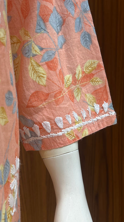 Peach Multi-Color Floral Printed Kurti with Embroidered Yoke and 3/4th Sleeves