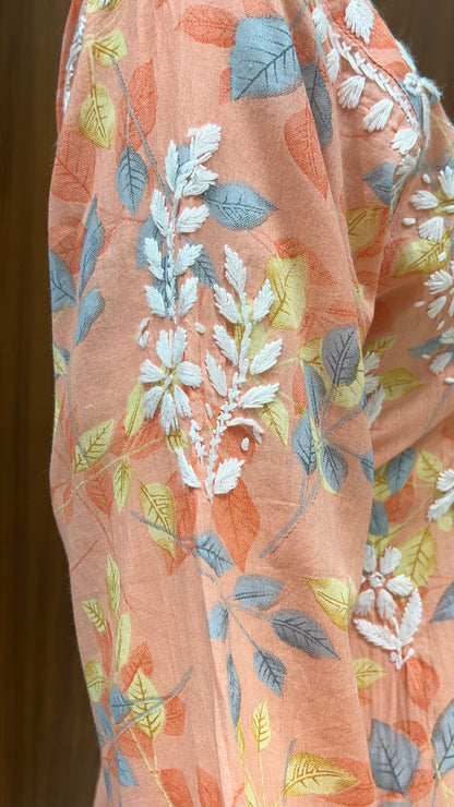 Peach Multi-Color Floral Printed Kurti with Embroidered Yoke and 3/4th Sleeves