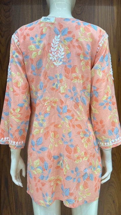 Peach Multi-Color Floral Printed Kurti with Embroidered Yoke and 3/4th Sleeves