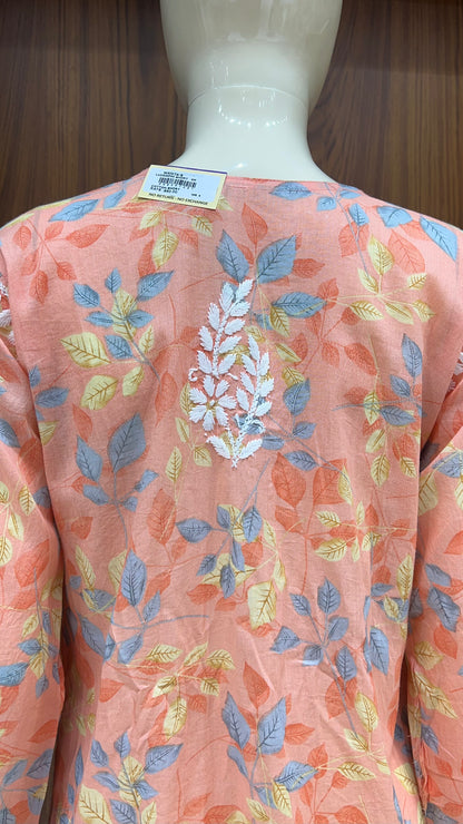 Peach Multi-Color Floral Printed Kurti with Embroidered Yoke and 3/4th Sleeves
