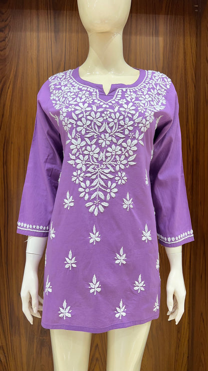 Royal Purple Floral Embroidered Straight Kurti with 3/4th Sleeves